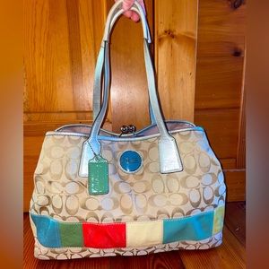 Coach tote bag, tan with pastel accents